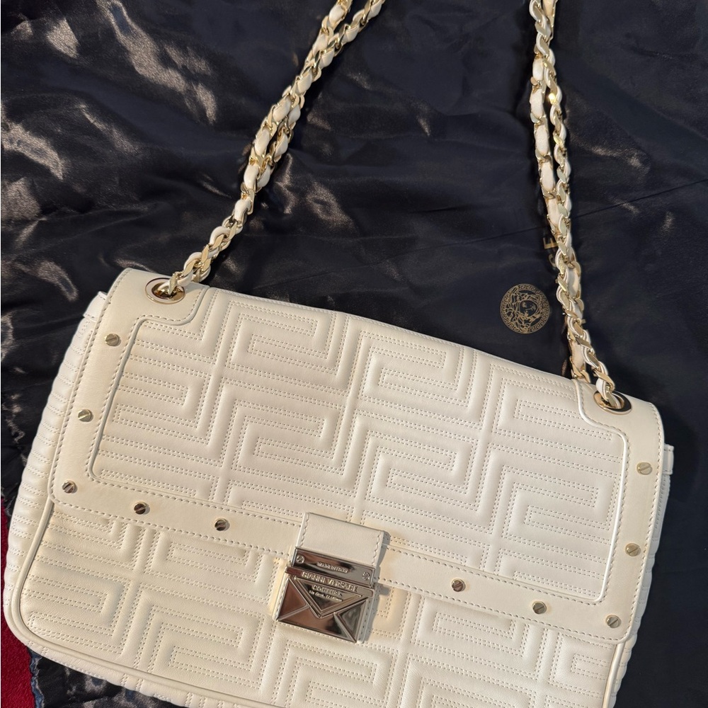 Versace White Cream Quilted Shoulder Bag with Gold Chain